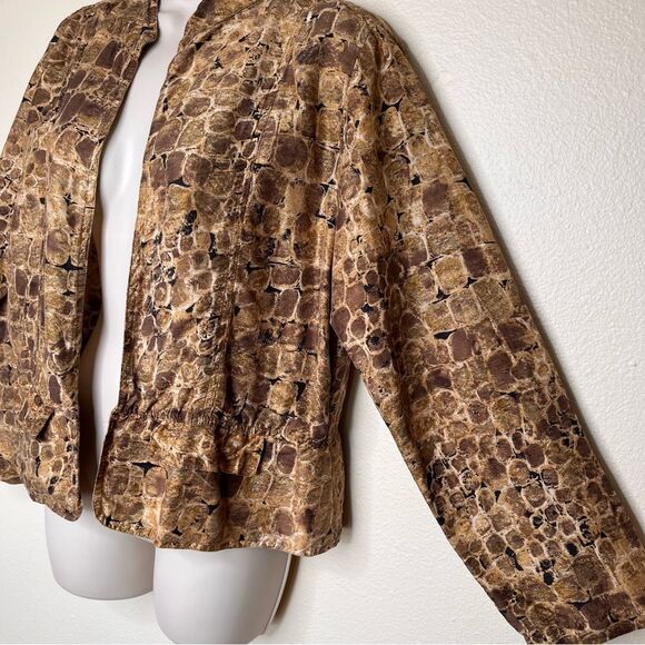 Chicos Silk Open Front Animal Print Jacket Long Sleeve Peplum Women Large Browns - Picture 3 of 11